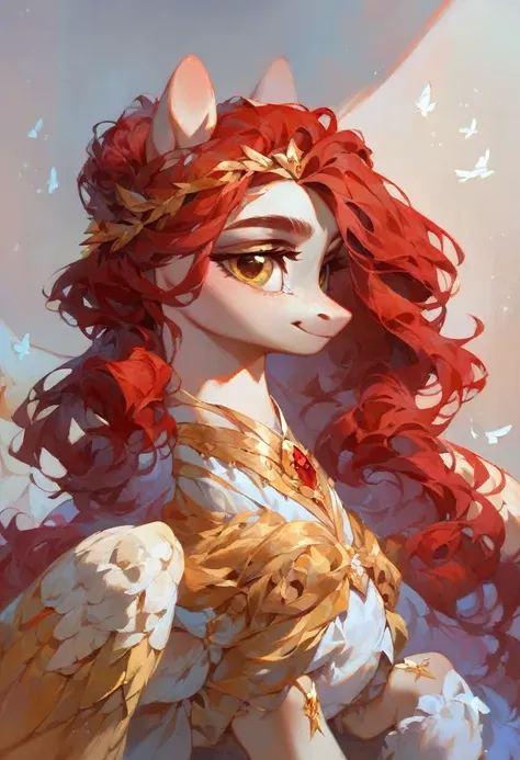 (work of art, Maximum quality, best qualityer, offcial art, beautiful and aesthetic:1.2), A pony with a long red mane, long straight red hair, Caucasian skin, gold eyes, pegasus wings, royal clothes.