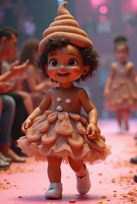 Create a scene in which a smiling and adorable baby girl is wearing a dress made with party sweets of poop brigadeiros inside the plates of brigadeiros, the brigadeiros with grated poop in relief, and on the babys head an ornament of poop brigadeiros decor...