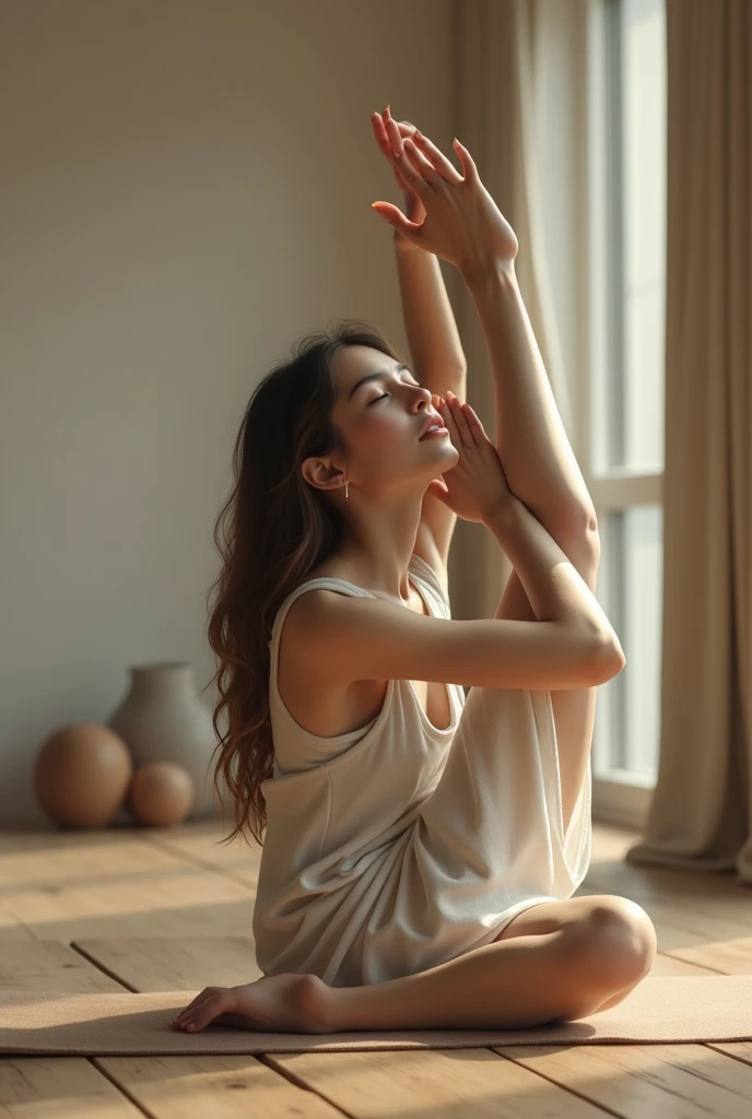 A girl sits on the floor while raising her leg to her head with her hand.