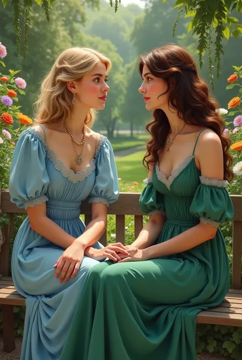 two 20 year old girls from the 1900s, the wavy blonde with long hair and brown eyes dressed in blue talking sitting on a wooden bench with the curly girl with long brown hair and green eyes dressed in green in a very beautiful garden 