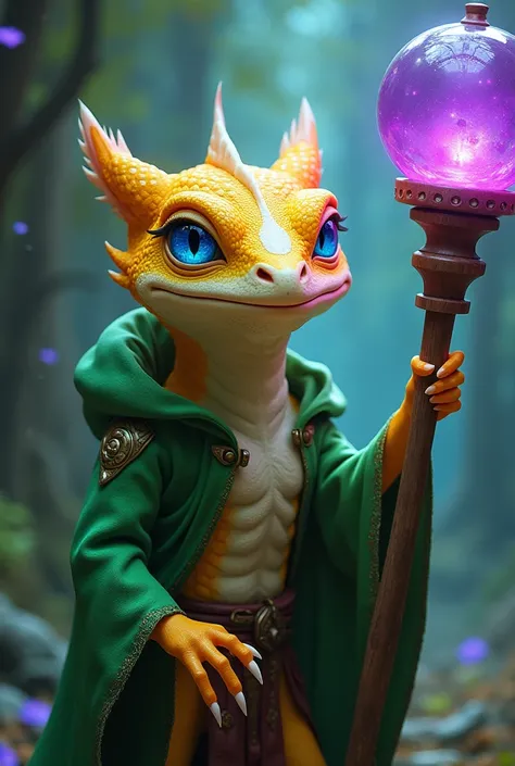 Yellow lizard man with a white spot on his face and bright blue eyes A wooden staff with a purple glass sphere Vibrant green clothes With shadow magic