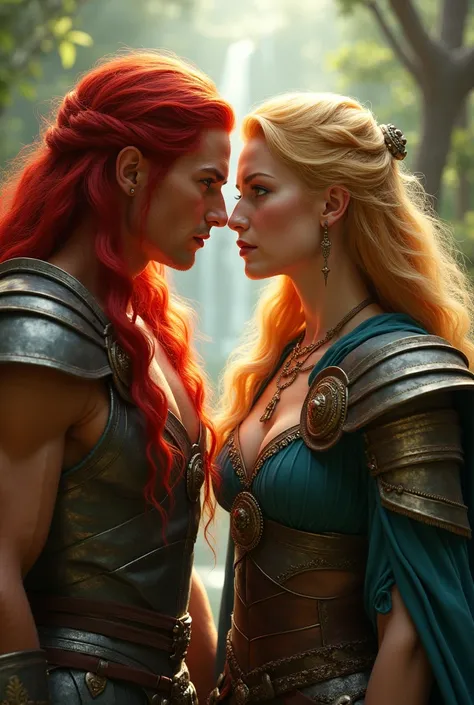 beautiful female warrior with red hair and green eyes, In a love triangle with two male warriors, one with long red hair and caramel skin looked at her lovingly, and another one with short blond hair was seducing her, and she was confused, who wants it cha...