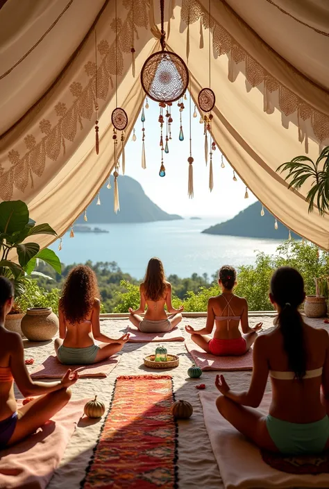 Create an image of a yoga festival with a Boho Chic style tent in off-white for about 200 people inside the tent. With lots of crochet, dream catcher, crystals ,Prisms, in the gardens of MAM rj facing Guanabara Bay
