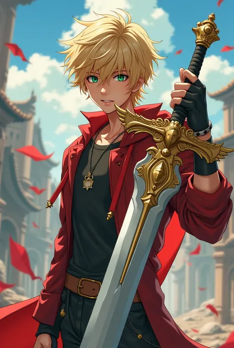 Japanese anime style: Young man with blond hair and green eyes, wears casual attire that has some red color from medieval times, holds a holy sword with griffin ornaments