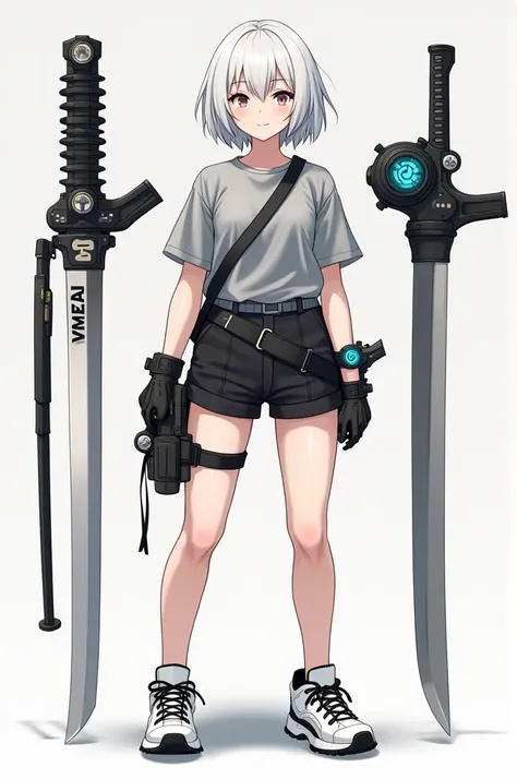 A girl with short white hair wearing a gray shirt and black shorts with weapons. On the sides, a katana on the back, white tennis shoes with black details, large laces, and a spy drone watch. 😁