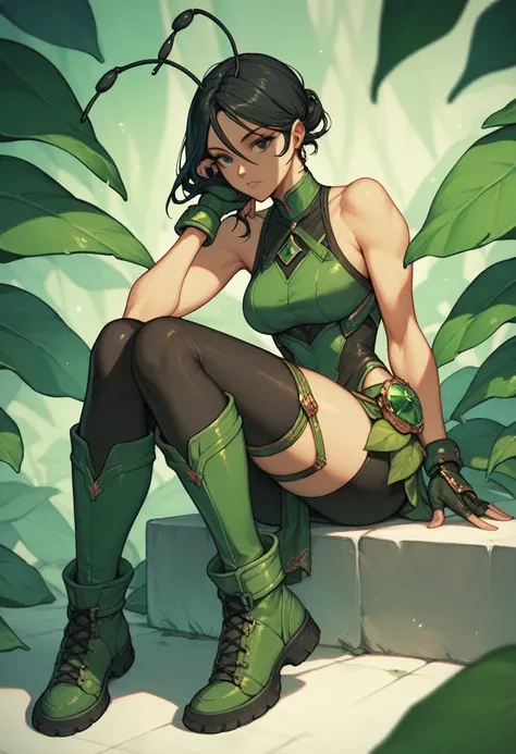 1girl, black eyes, black hair, seamless hair, shoulder-length, antennas, sleeveless, dark green bodysuit, black pants, dark green mini skirt, dark green boots, long dark green fingerless gloves, leaf loincloth