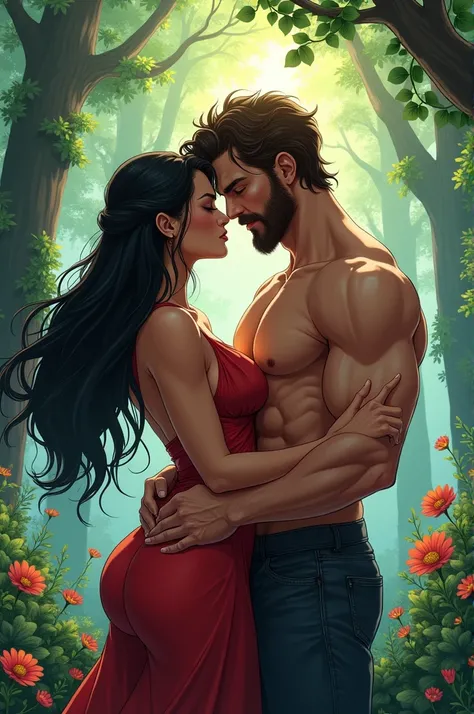 Voluptuous woman, brown skin, black hair, She is with a muscular man, Brown hair and beard are in an anime forest 