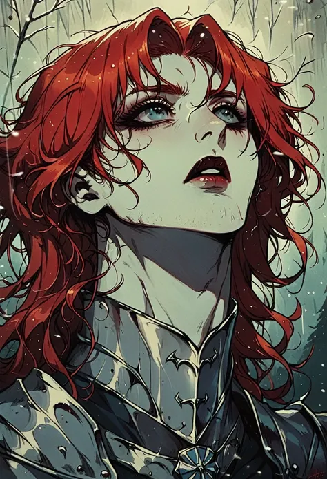 Strong and muscular warrior queen Boudicca with snow-white skin and long curly red hair, wearing gothic silver armor looking like bones in the snowstorm