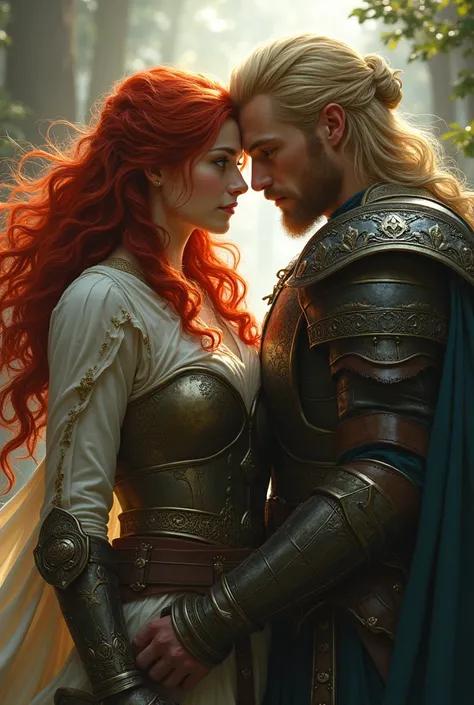 beautiful female warrior with red hair and green eyes, In a love triangle with two male warriors, one with long red hair, and another blond guy seduced her