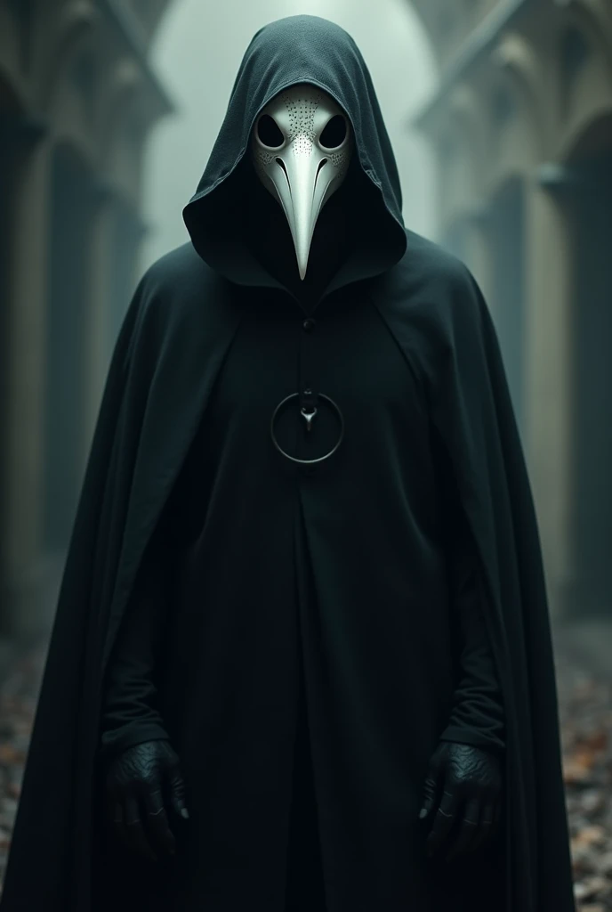 man in hood and black cloak, with a white crow mask, black eyes with white pupils