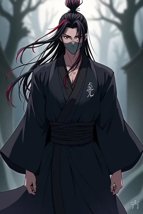 Create an anime style male character wearing a black haori with long black hair with red tips tied into a samurai cookie with a gray mask 