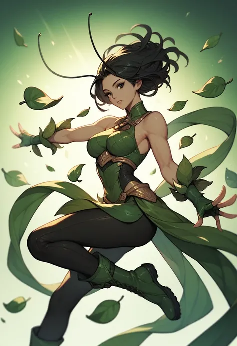 1girl, black eyes, black hair, seamless hair, shoulder-length, antennas, sleeveless, dark green bodysuit, black pants, dark green mini skirt, dark green boots, long dark green fingerless gloves, leaf loincloth, graceful pose