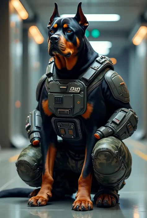 A Rottweiler dog in military clothing and futuristic technological accessories, sitting and in 3D

