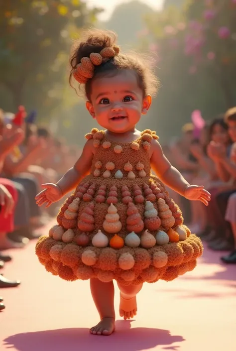 Create a scene in which a smiling and adorable baby girl is wearing a dress made with party sweets of poop brigadeiros inside the plates of brigadeiros, the brigadeiros with grated poop in relief, and on the babys head an ornament of poop brigadeiros decor...