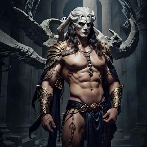 Greek mythology Hades and Lord of the underworld , physically perfect body muscular body frame full bodyshot very tall height of a man, holding a  human skull High Resolution, 