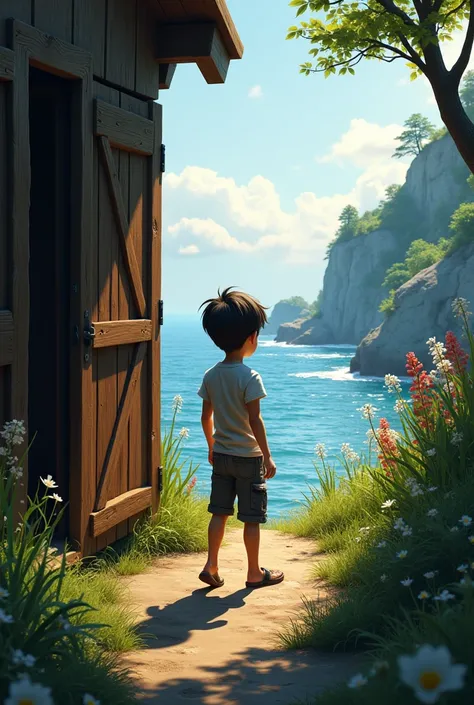 Boy leaving cabin on the coast 