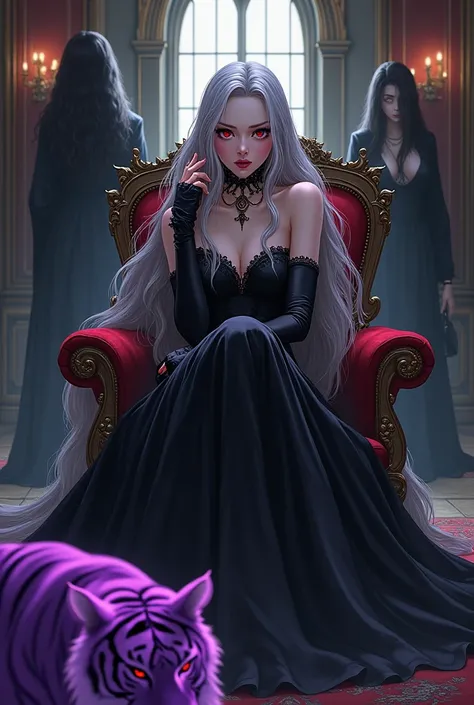 Create an image where a woman is sitting in an armchair in a medieval style room, she has silver hair and red eyes. She wears a black princess-style dress and has a frustrated expression as she supports her face with her hand.. At her feet is a purple tige...