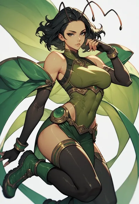 1girl, black eyes, black hair, seamless hair, shoulder-length, antennas, sleeveless, dark green bodysuit, black pants, dark green mini skirt, dark green boots, fingerless sleeves, dark green loincloth, graceful pose