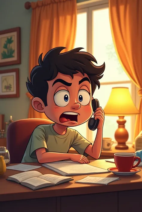 “A humorous cartoon-style image of a person sitting at a desk, phone in hand, with a focused expression. The setting is a cozy, warmly lit room with simple furniture. The person should look intent and serious, with exaggerated features typical of a cartoon...