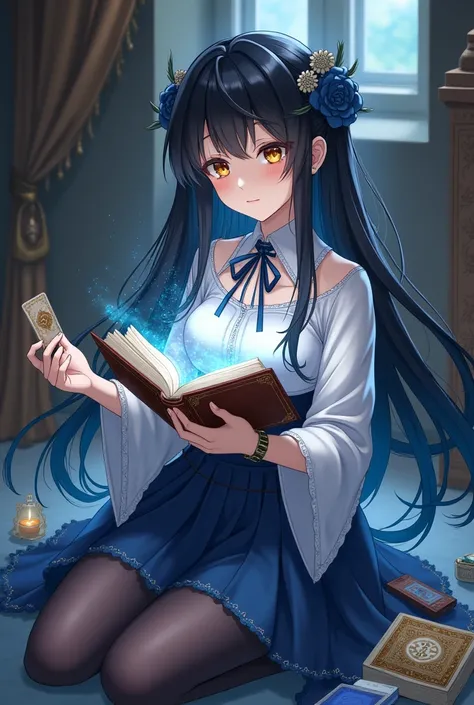 Japanese anime style: a young clairvoyant with black hair and brown eyes, wears clothes that are skirts, blouse and long stockings on the legs that are from the medieval era with some blue parts, she holds magic book and tarot cards