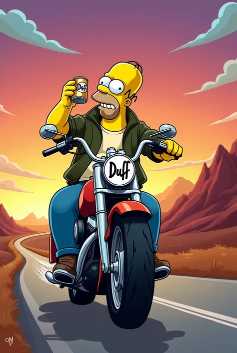 A Homer Simpson drinking beer on a motorcycle