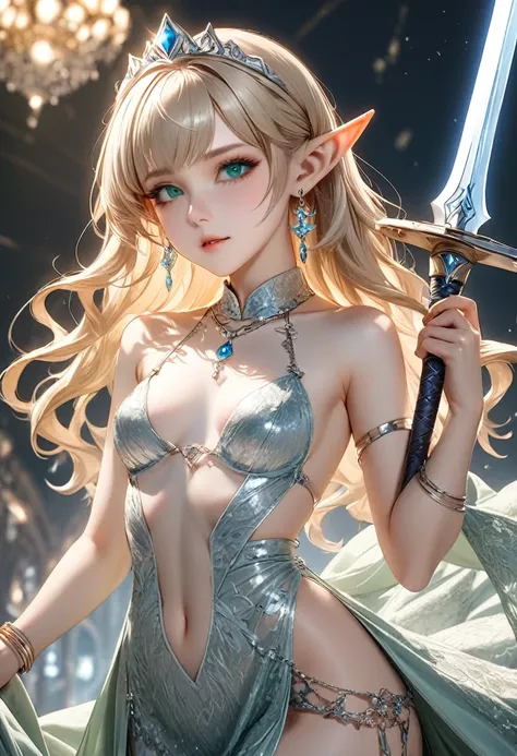 ,((Highest quality))),8k,((masterpiece)),(Very sophisticated and beautiful), ((Elf female warrior carrying a sword、Pointed elf ears, wavy blonde hair, green eyes, Bare Skin:1.2)), Beautiful face, Small breasts、White eyebrows、Silver tiara、Silver earrings、Wh...