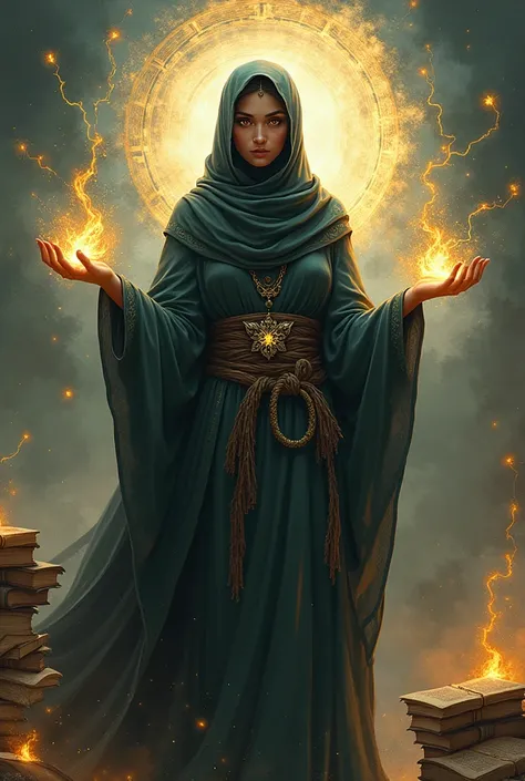 A female wizard with full hijab and burnnete skin and yellow eyes