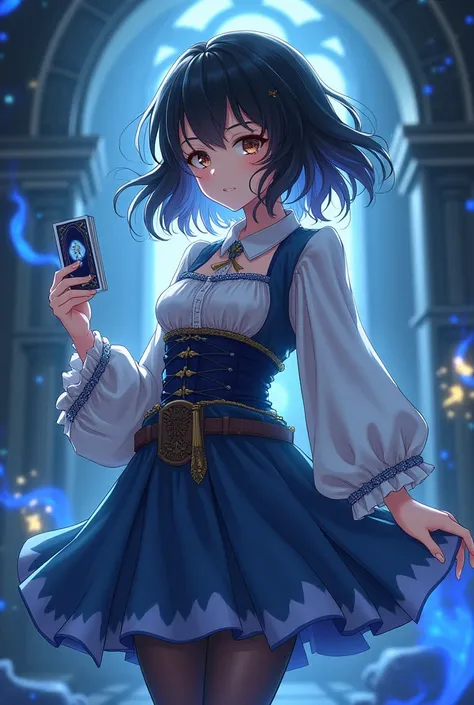 Japanese anime style: a young clairvoyant with black hair and brown eyes, wears clothes that are skirts, blouse and long stockings on the legs that are from the medieval era with some blue parts, she holds magic book and tarot cards, has a serene, distant ...