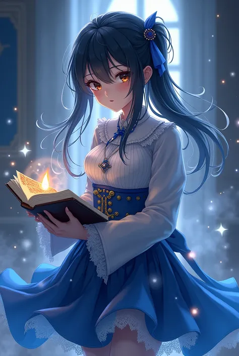 Japanese anime style: a young clairvoyant with black hair and brown eyes, wears clothes that are skirts, blouse and long stockings on the legs that are from the medieval era with some blue parts, she holds magic book and tarot cards, has a serene, distant ...