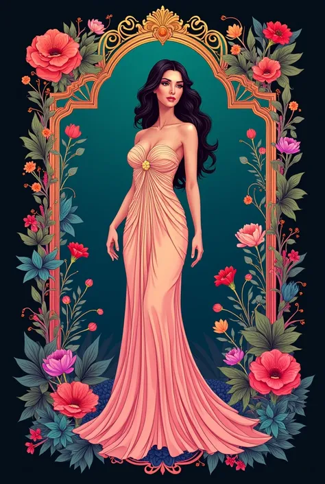 Create an art nouveau style image of a 30-year-old slim female figure, surrounded by vibrant flowers that glow with neon accents. A woman must exude grace, respect and strength, dressed in a flowing strapless dress that highlights her majestic presence. Th...