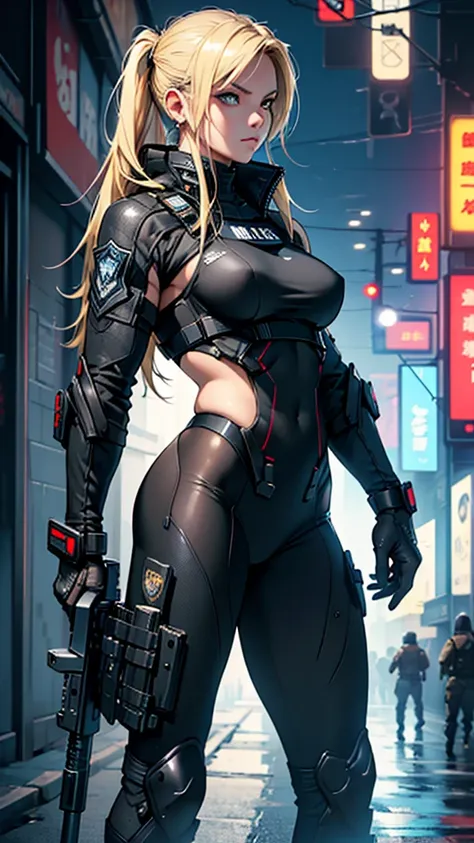 Beautiful girl realistic masterpieces full figure pose (best quality,ultra-detailed), blonde hair, fair skin, fit body, slim figure, narrow waist, (cocky expression), full coverage black SWAT uniform with police insignia, highly detailed military gear and ...