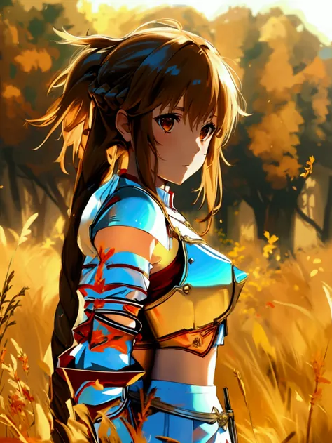 absurdres, masterpiece, best quality, hd, highres, aaasuna, 1girl, long hair, brown hair, braid, brown eyes, bare shoulders, armor, breastplate, white sleeves, detached sleeves, red skirt, pleated skirt, white thighhighs, grass, field, autumn tree, wariza,