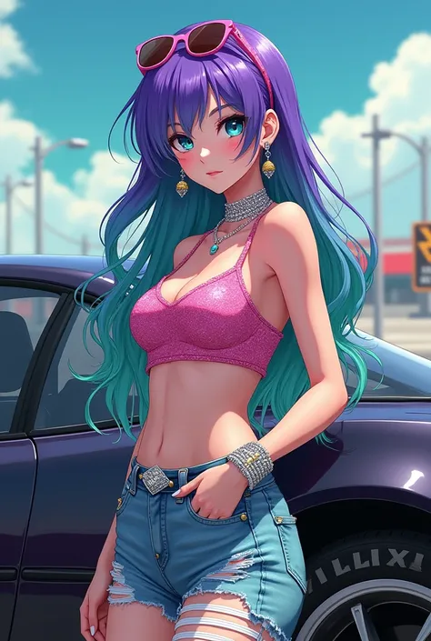 A beautiful anime girl with white skin and blue eyes . She has long purple hair mixed with green hair . She is wearing a sequined pink crop top . She is wearing ripped jeans.  She is wearing short white socks.  She is wearing white sneakers.  She is standi...