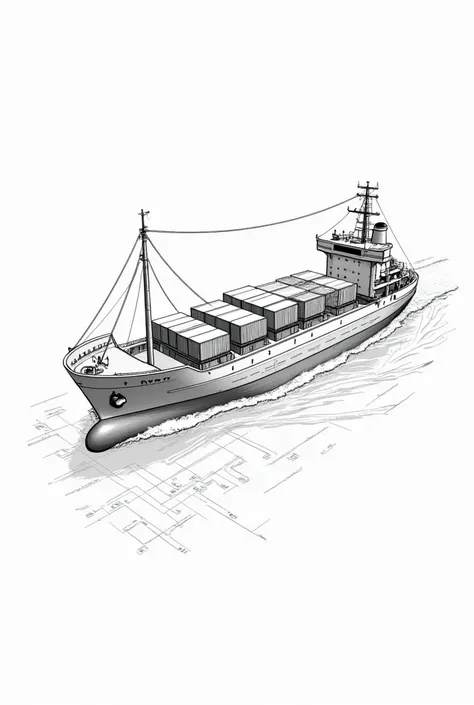 Create a drawing of a container ship with each of its parts and name, in black and white