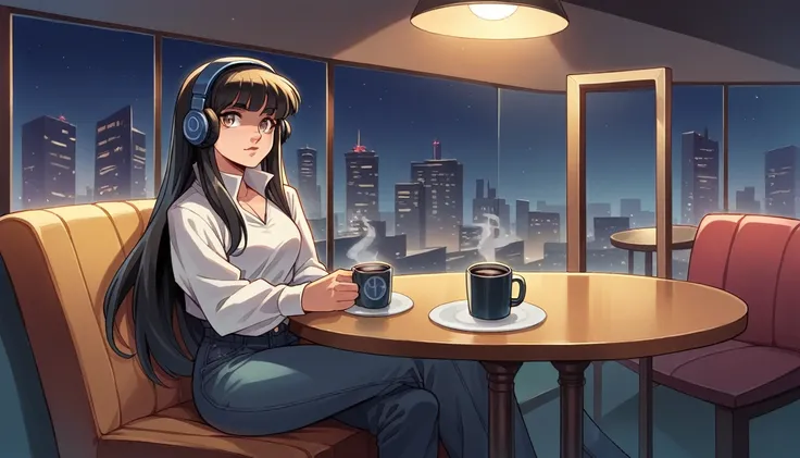 best quality, 8k, 1990s style,2010s hairstyles, 1 girl, black hair, long hair, light brown eyes, city pop, pants ,night view, wearing headphones,study, whole body, relax coffee,table,confection,Looking at me, Black cat
