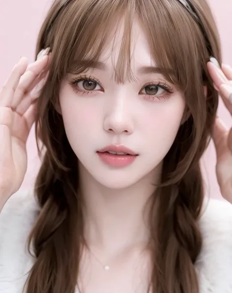 A woman wearing a white scarf, with long hair., white bangs, cabello Whitebangs cabello, blunt bangs fall over his forehead, with bangs, Pelo largo with bangs, with bangs completo, Cabello limpio with bangs, straight fringes, Cabello largo with bangs compl...