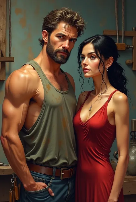 Image as if it were a book, in HQ, a carpenter in a dirty old tank top, with a blue goat, the stubble, e a appearance of 45 years. Next to him a woman with a red dress tight to her body, black hair and tied up, with a loose lock of hair, appearance of 45 y...