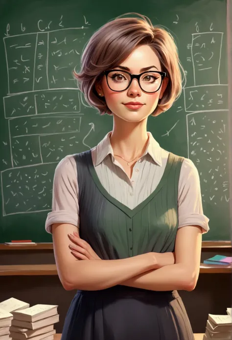 a female teacher with short hair and glasses, standing next to a chalkboard full of notes, watercolor style, pastel tones,