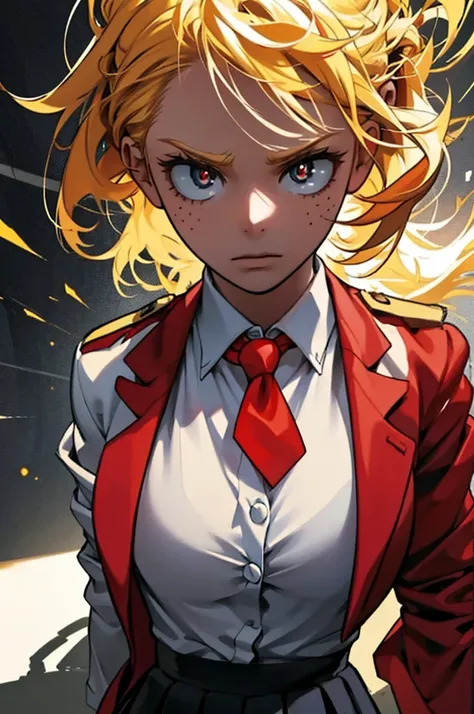 A front-facing image of the same young blonde girl, her hair just above her shoulders, wearing a school uniform. The uniform consists of a crisp white shirt, a red blazer, and a black tie. Her eyes, usually determined, are now wide with fear, glowing golde...