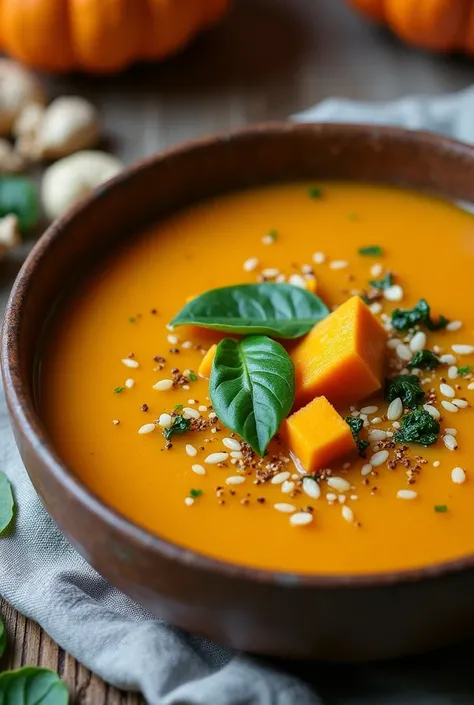 Pumpkin soup with ginger and spinach.