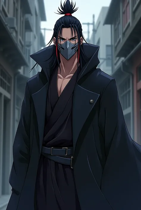 Create a muscular anime style male character wearing a black long sleeved hooded overcoat with long black hair with red tips tied into a samurai cookie with a gray Japanese hannya mask 