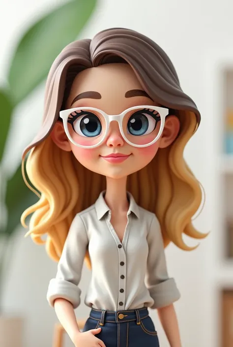 Create three bitmoji style dolls. 
The characters are three happy and smiling teachers.  
1 - the first teacher is white, has blue eyes, wears white-framed prescription glasses, has long hair, Blonde and smooth. It&#39;s very delicate. 
2 - the second teac...