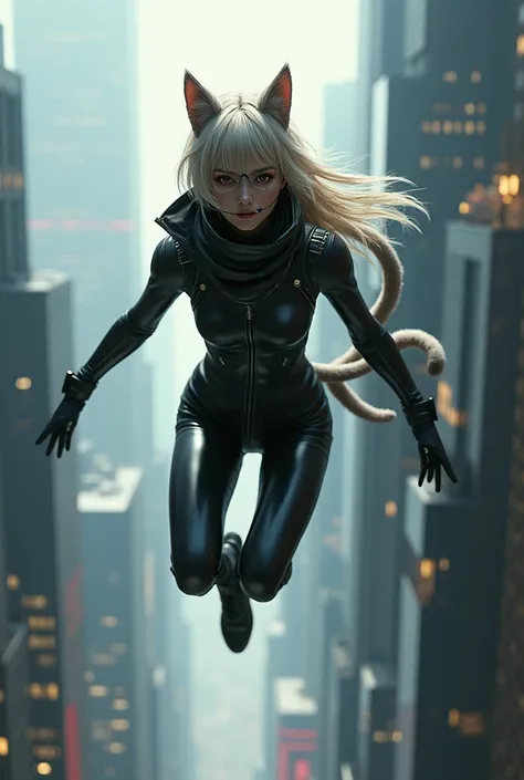 A woman in a spy outfit with futuristic glasses. This woman has furry ears and a furry tail. She just jumped off a building. She wears a mask with a cat mouth.

