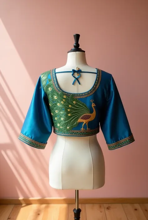 I need a blue blose with green peacock in it it should look like the indian pattu saree blowse i need the back side of the blowse in the design of loop with bottuon
I need to hang it on manequein
 for the background i want wall which is light pink and plai...