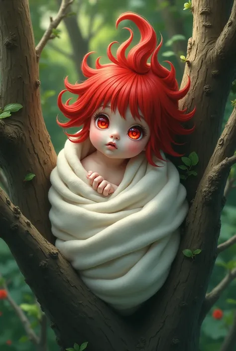 A baby wrapped in a blanket in a tree with red eyes and red anime hair 