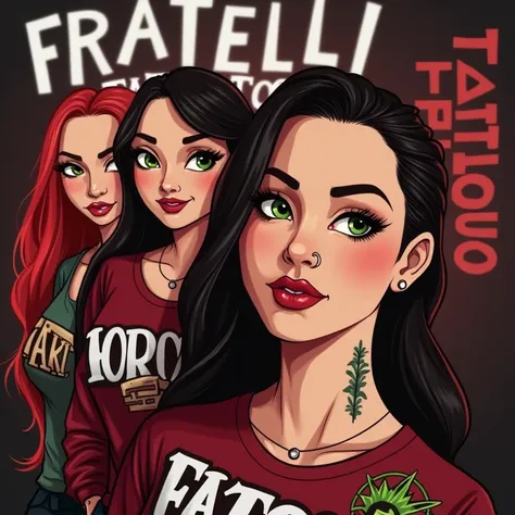 Create a mascot logo where the mascot is a 3 woman, with green eyes, nose piercing,  tattoo artist wearing a red and black sweatshirt with a tattoo machine design and underneath the letters "Fratellitattoo"