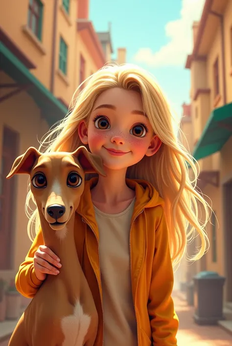 A Pixar-style cover featuring a blonde teenage girl, long hair and brown eyes and freckles, accompanied by a male greyhound dog, skinny, whole brown color, hairy on the face.