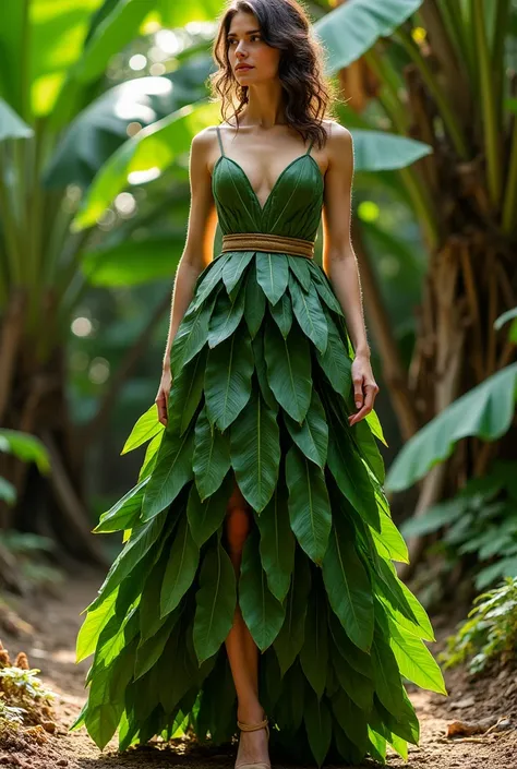 Dress made from natural banana tree leaves, but let them be seen that they are leaves, que se vea aun but realistic las hojas, aun but realistic, but realistic, mucho but realistica