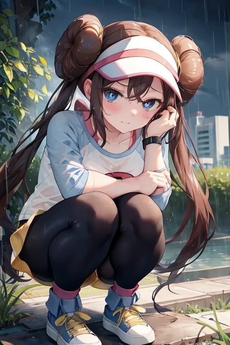 ((nsfw)), shy, wet, midium breasts, seethrow under wear, rain, outdoor, masterpiece, highest quality, High resolution, RO1, Hair Bun, blue eyes, Twin tails, Visor Cap, pantyhose, Raglan sleeves, Yellow shorts, shirt, Pink ribbon, clock, Leaning forward, Gy...