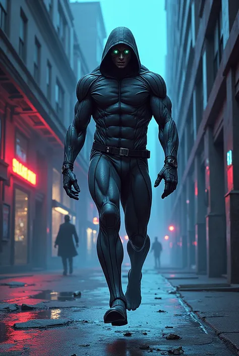 W komiskowym stylu, w stylu DC comics. Super złoczyńca. Stalker nosi obcisły, dark gray overalls, which is both light and durable, made of light-absorbing nanomaterials, co potęguje jego zdolność do niewidzialności. Na twarzy ma maskę z przezroczystego mat...